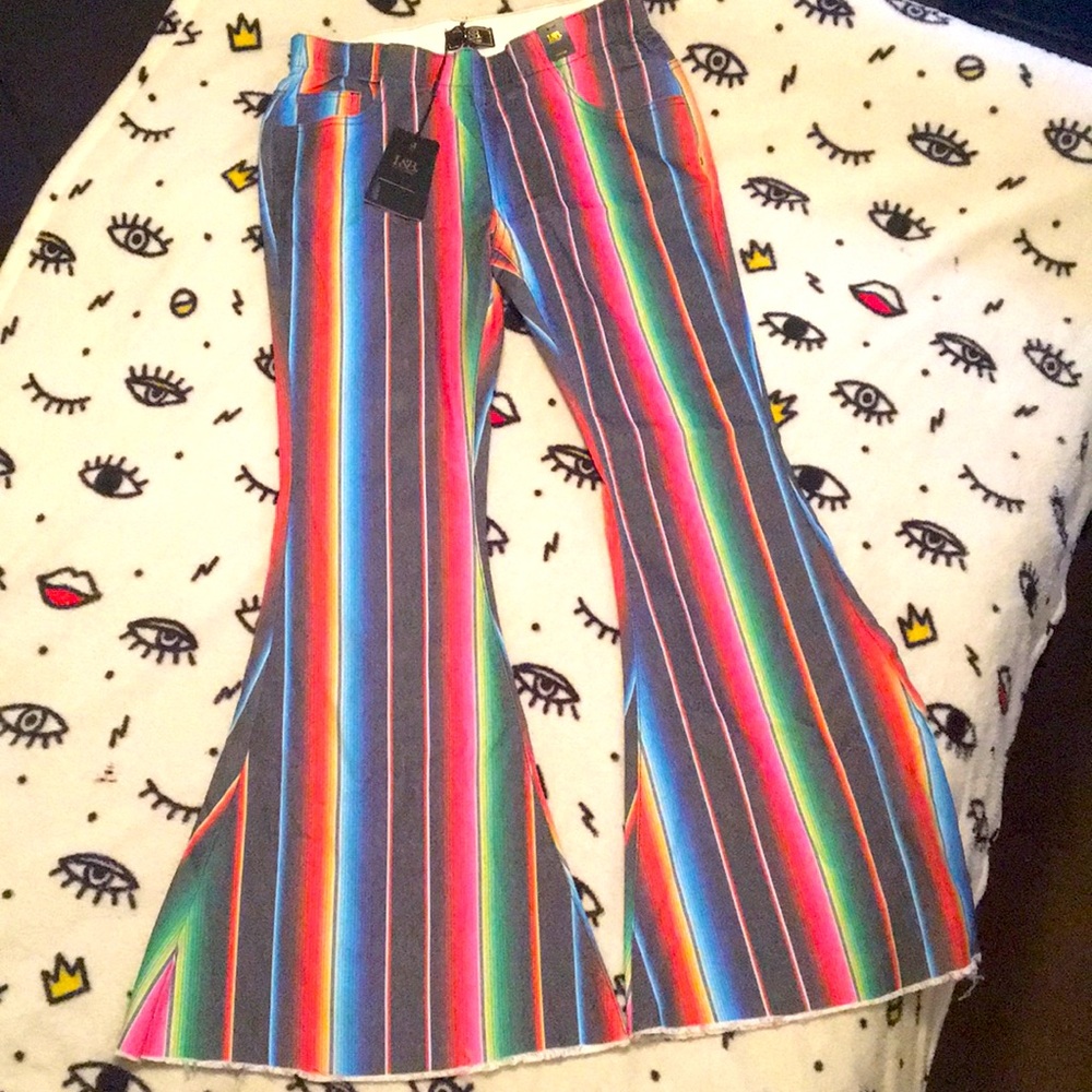 NWT L&B extreme flare distressed rainbow bell bottoms